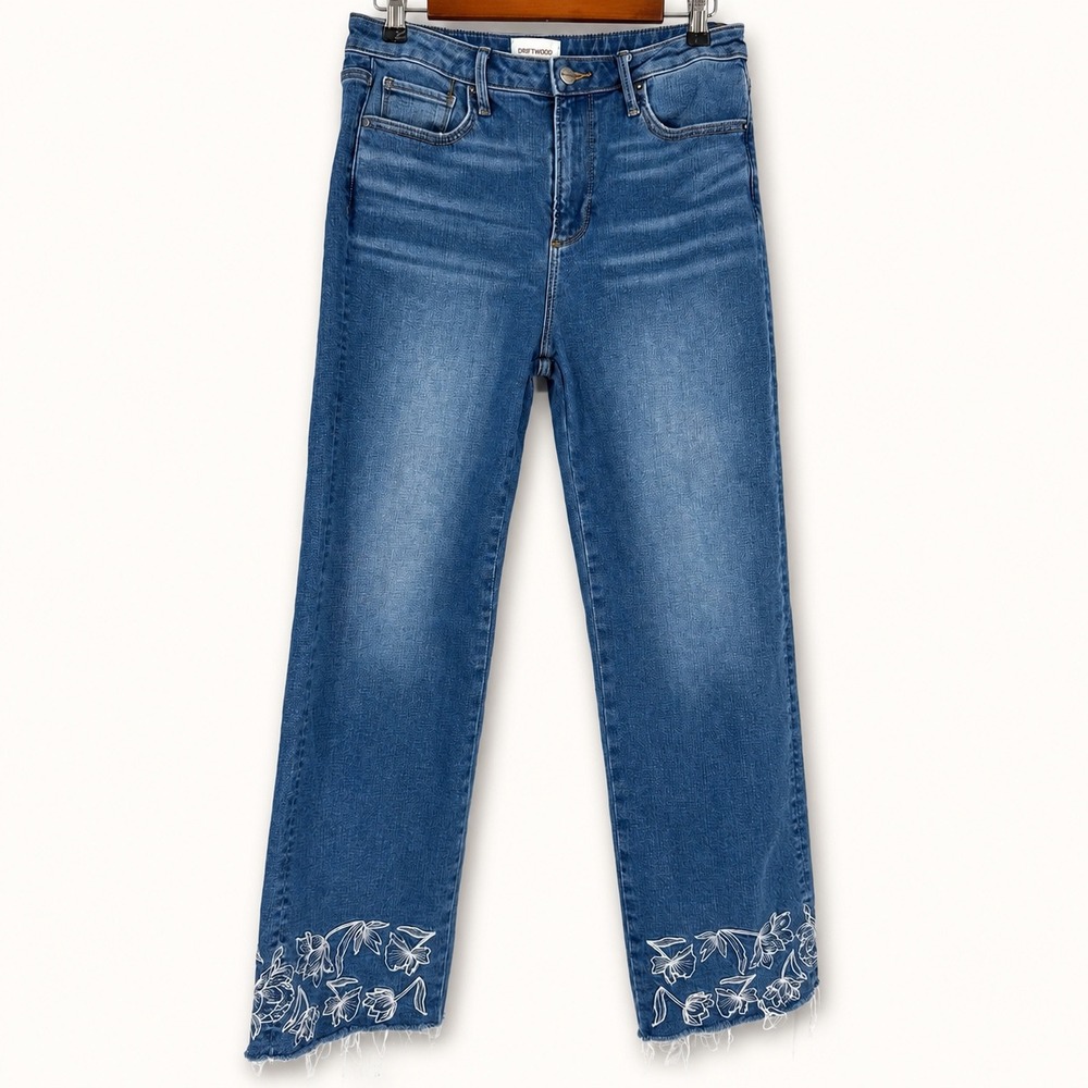Driftwood 28 Charlee Cuff Floral Embroidered Raw Hem Jeans Boho‎ Artsy Romantic